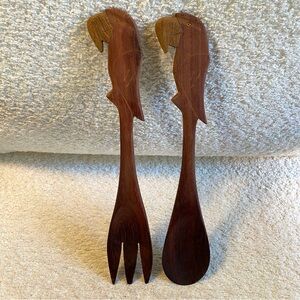 Vintage Hand Carved Wood Parrot Toucan Salad Serving Utensils Spoon Fork 12”